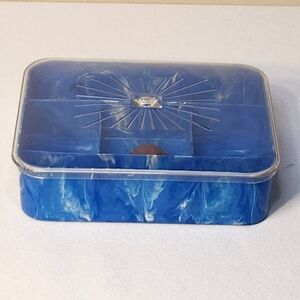Vintage Hommer BLUE Marbled Plastic Sewing Box With Cork Pin Cushion